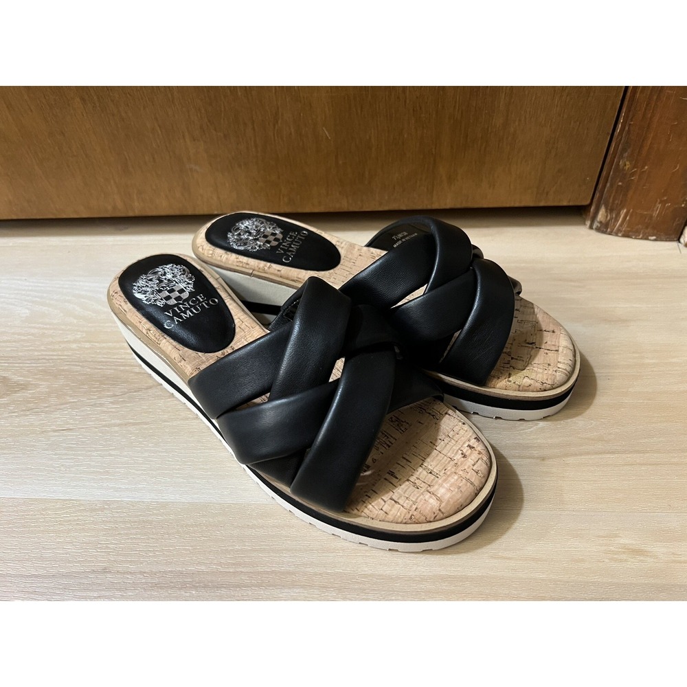Vince Camuto Vivistie Wedge Slide Sandal Black‎ Leather Puffy Women's Size 7.5
